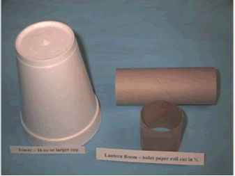 Materials needed to build a lighthouse - styrofoam cup and toilet paper roll